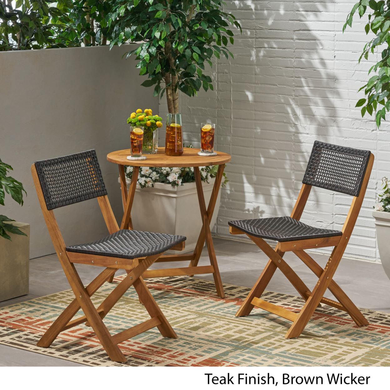 Ida Outdoor Acacia Wood Foldable Bistro Chairs With Wicker Seating (Set Of 2) - Teak Finish + Brown Wicker