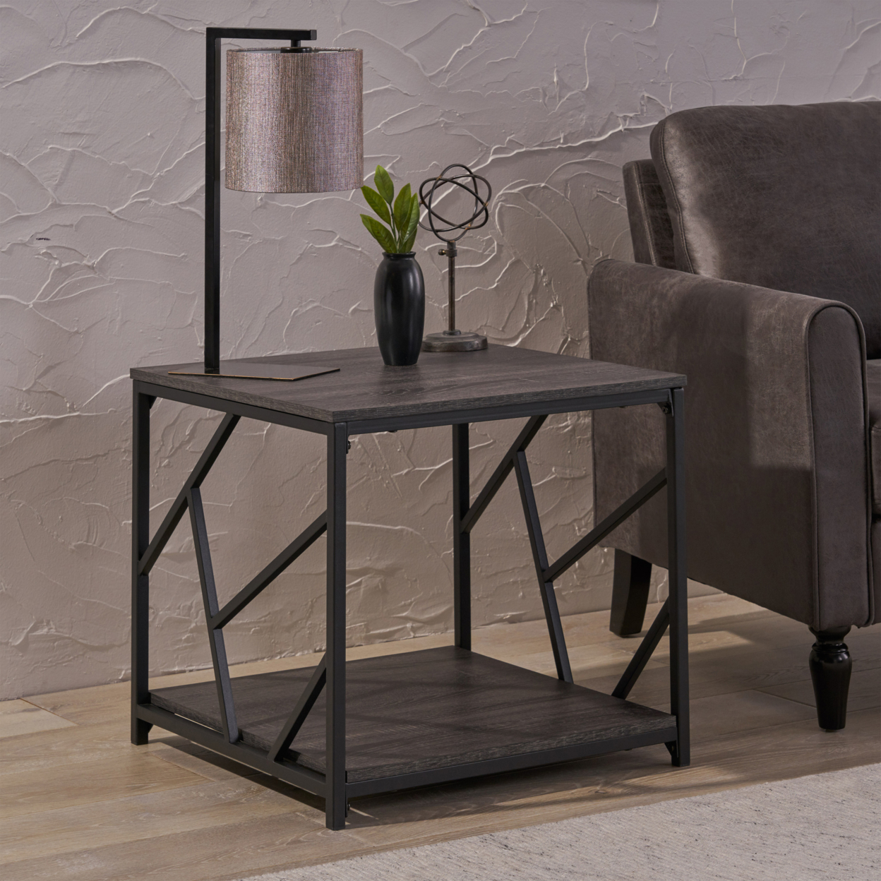Belle Industrial Modern Iron Coffee Table - Dark Gray Finish + Black Finish