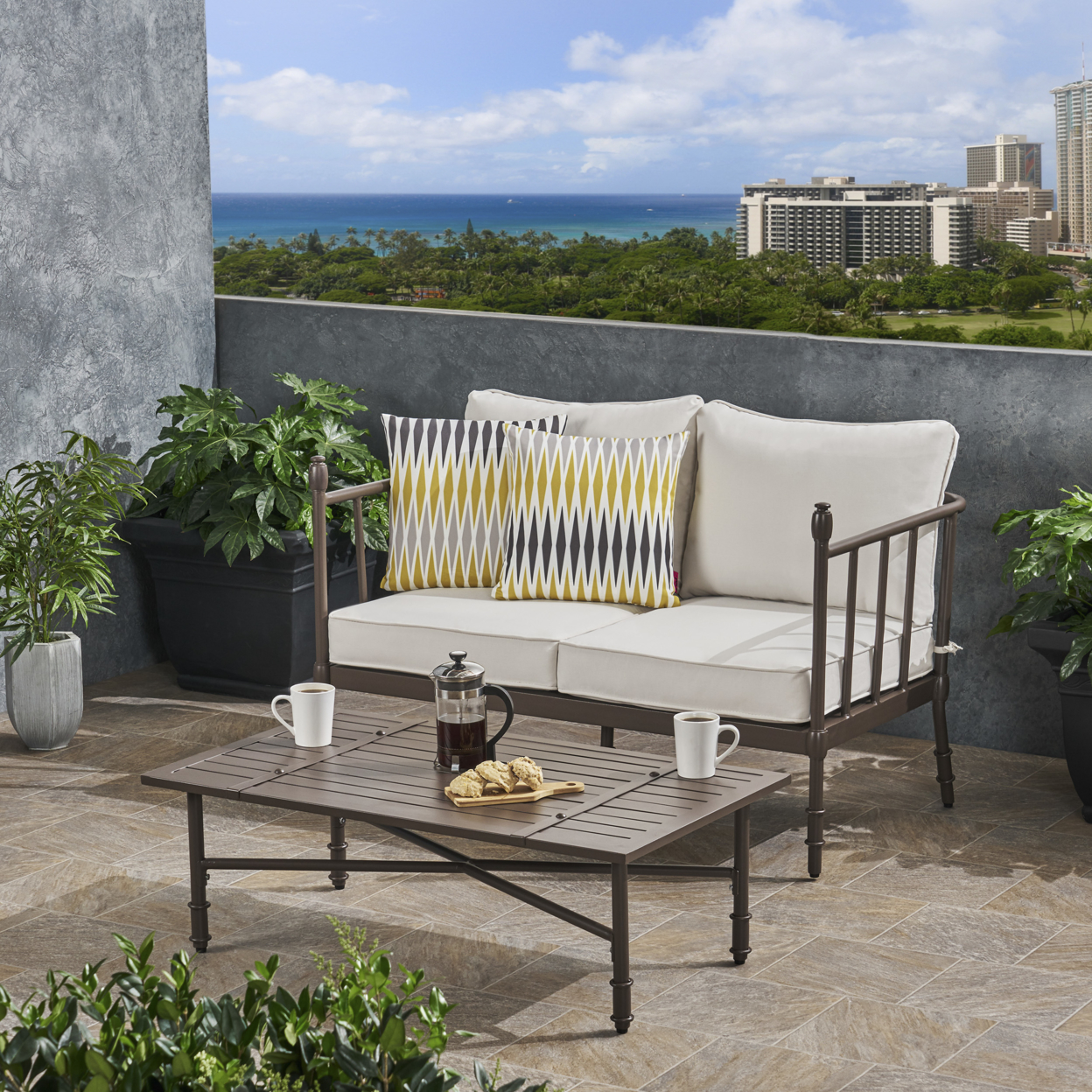Francis Outdoor Aluminum Loveseat And Coffee Table With Cushions - Cream + Brown + Matte Black Finish