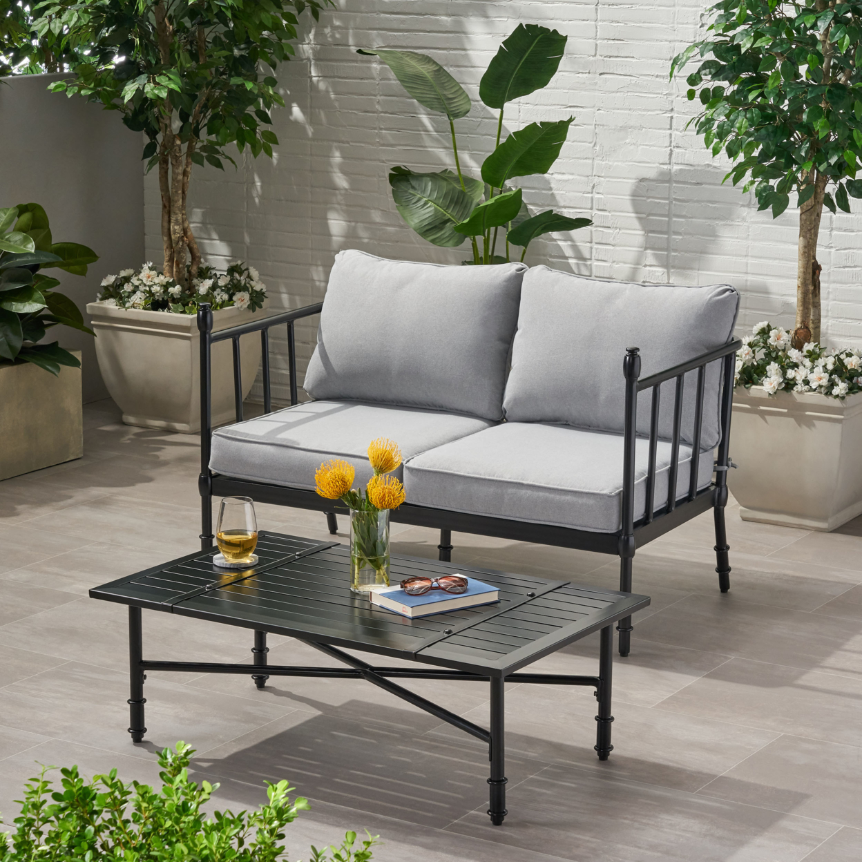 Francis Outdoor Aluminum Loveseat And Coffee Table With Cushions - Light Gray + Matte Black Finish