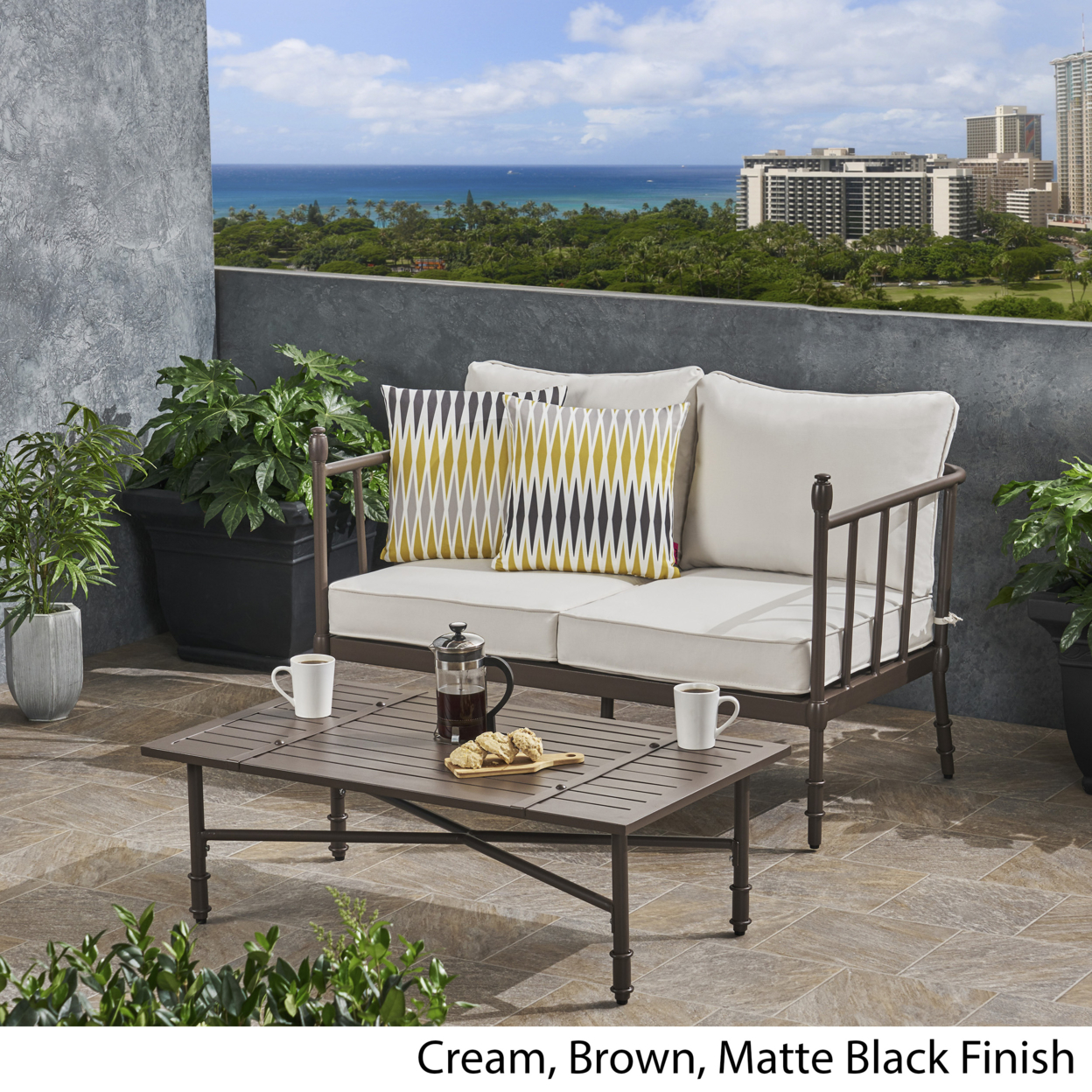 Francis Outdoor Aluminum Loveseat And Coffee Table With Cushions - Cream + Brown + Matte Black Finish