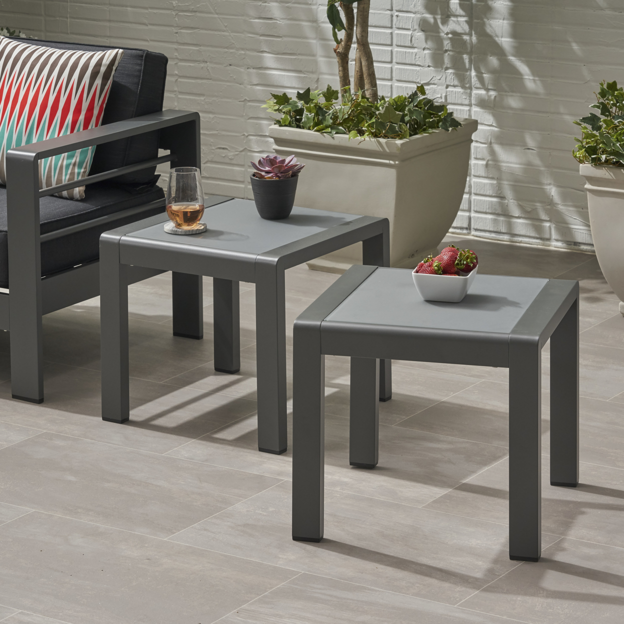 Bunny Coral Outdoor Aluminum Side Table (Set Of 2) - Gray Finish + Matte Gray