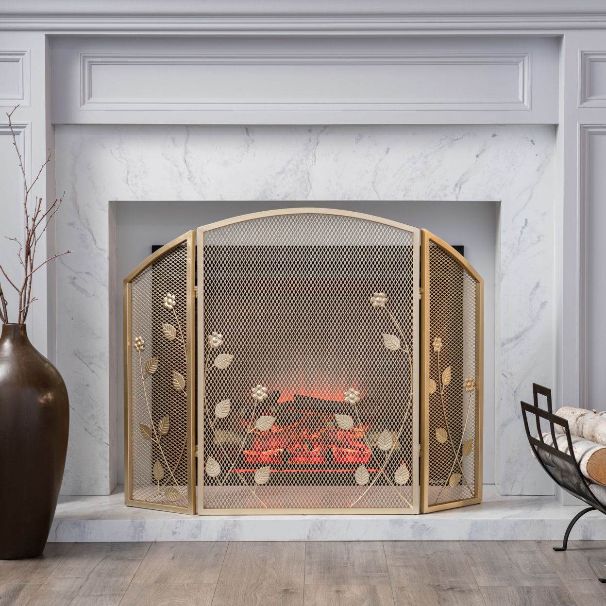 Jenna Modern Iron Firescreen With Leaf Accents - Gold Finish