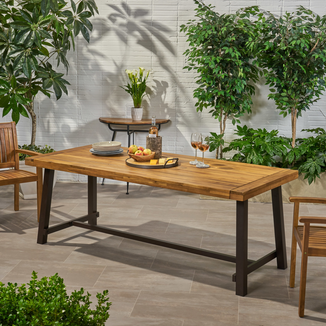 Beau Outdoor Eight Seater Wooden Dining Table - Teak Finish + Rustic Metal Finish