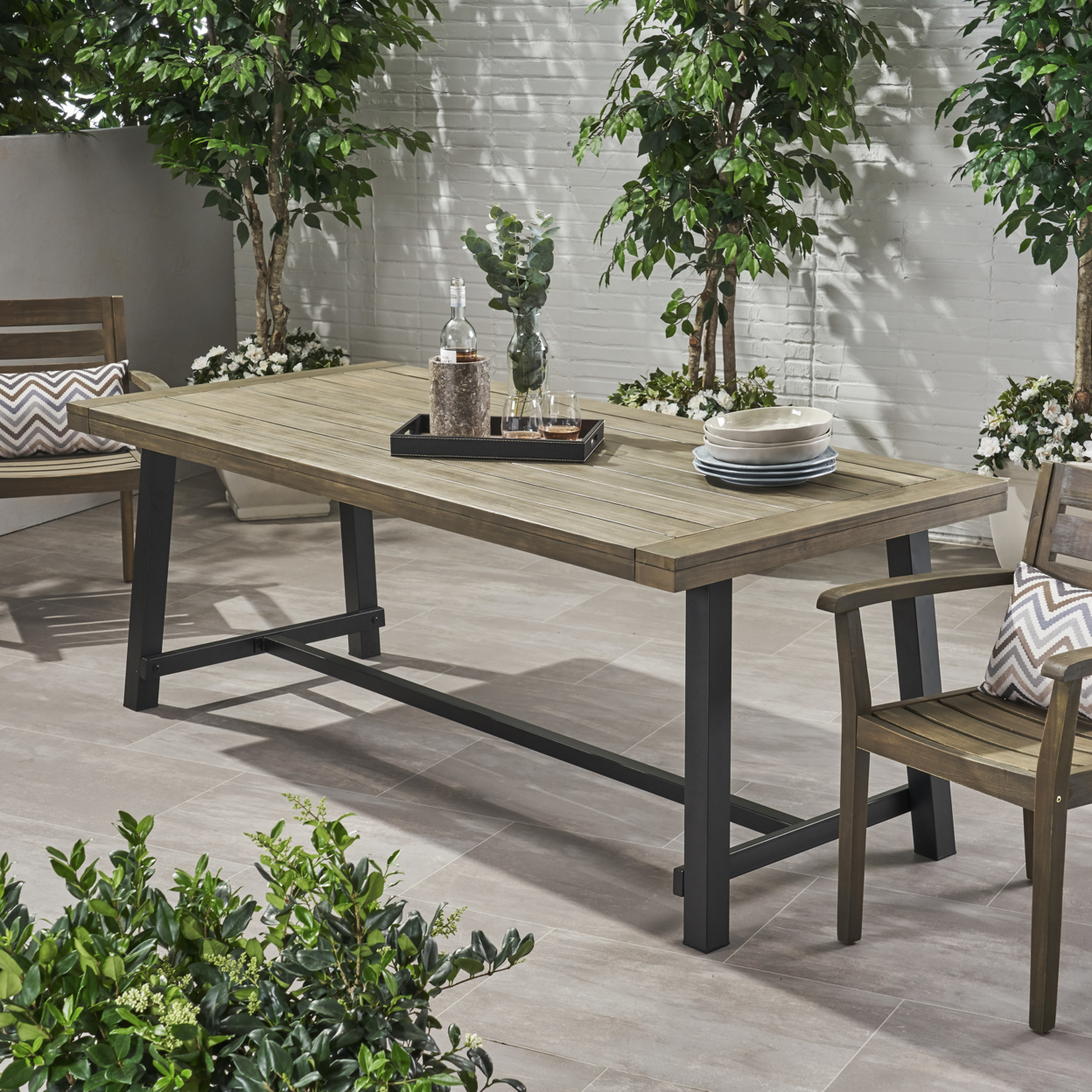 Beau Outdoor Eight Seater Wooden Dining Table - Light Gray Finish + Black Finish