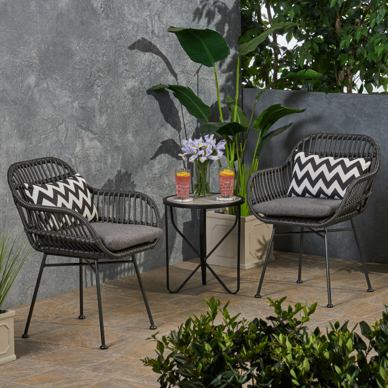 Rodney Outdoor Woven Faux Rattan Chairs With Cushions (Set Of 2) - Gray + Dark Gray + Black Finish