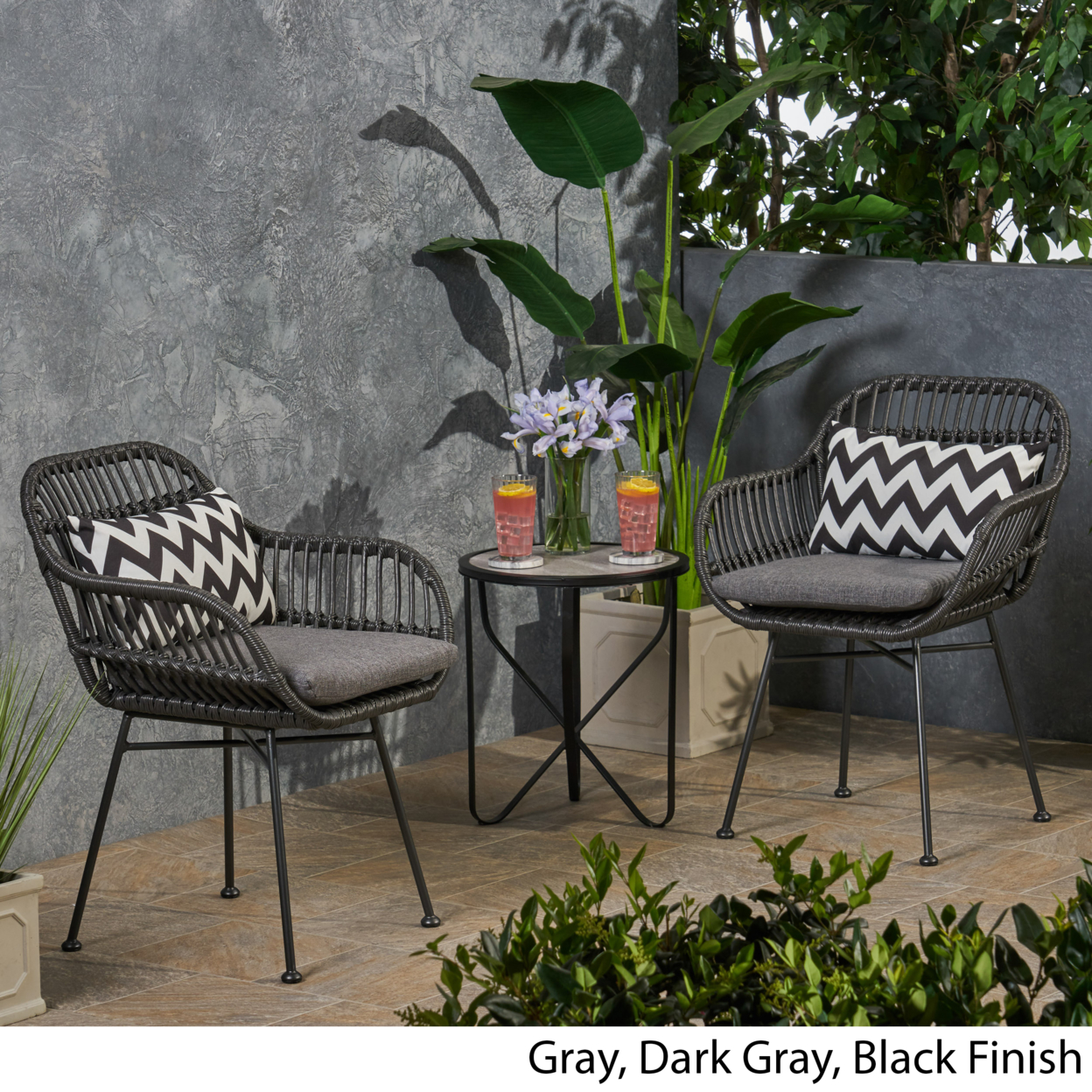 Rodney Outdoor Woven Faux Rattan Chairs With Cushions (Set Of 2) - Gray + Dark Gray + Black Finish
