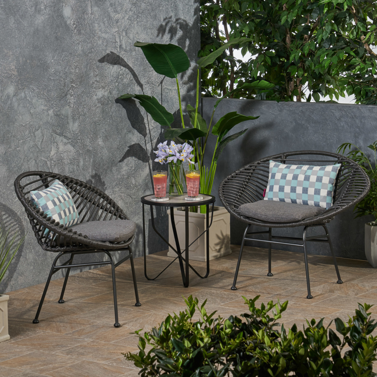 Aleah Outdoor Woven Faux Rattan Chairs With Cushions (Set Of 2) - Gray + Dark Gray Finish