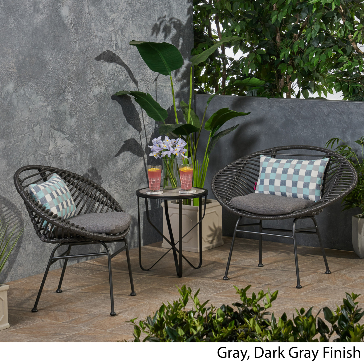 Aleah Outdoor Woven Faux Rattan Chairs With Cushions (Set Of 2) - Gray + Dark Gray Finish