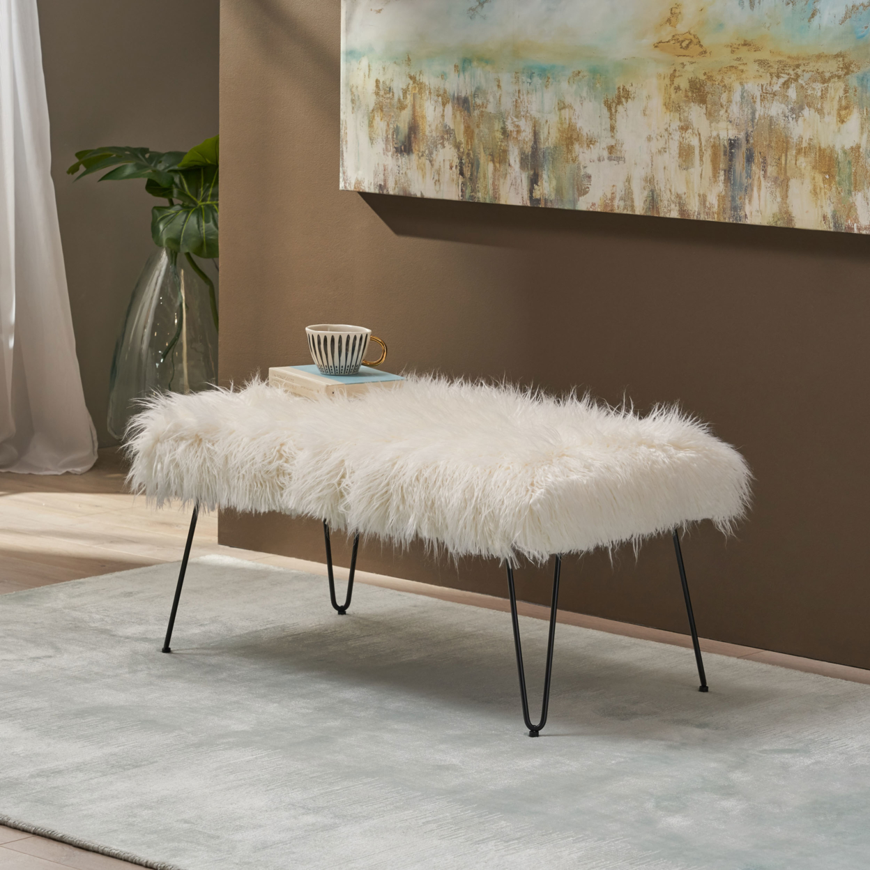 Louise Faux Fur Bench With Hairpin Legs - White + Black Finish