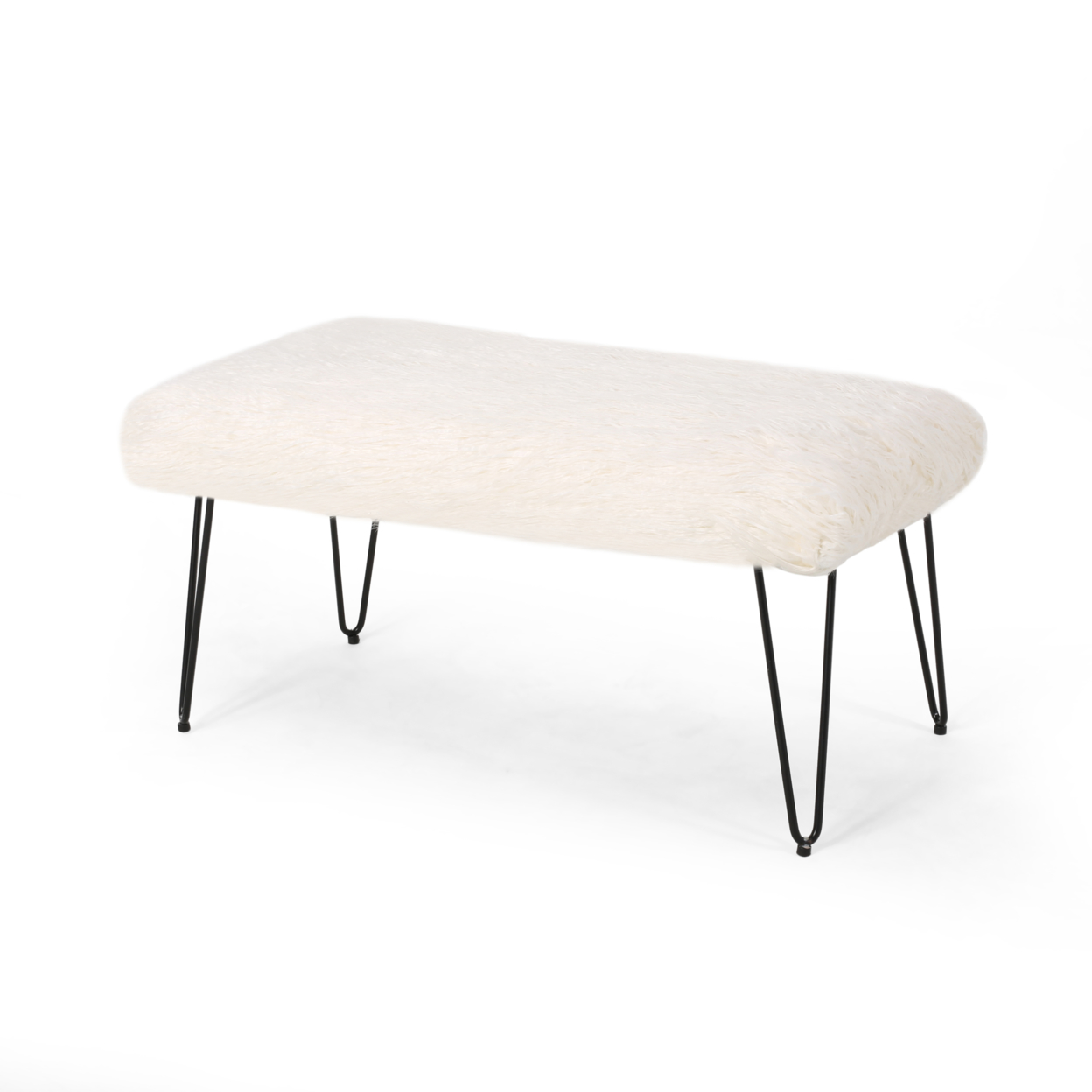 Louise Faux Fur Bench With Hairpin Legs - White + Black Finish