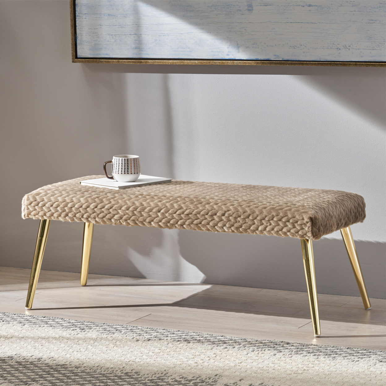 Indira Patterned Faux Fur Bench - White + Gold Finish