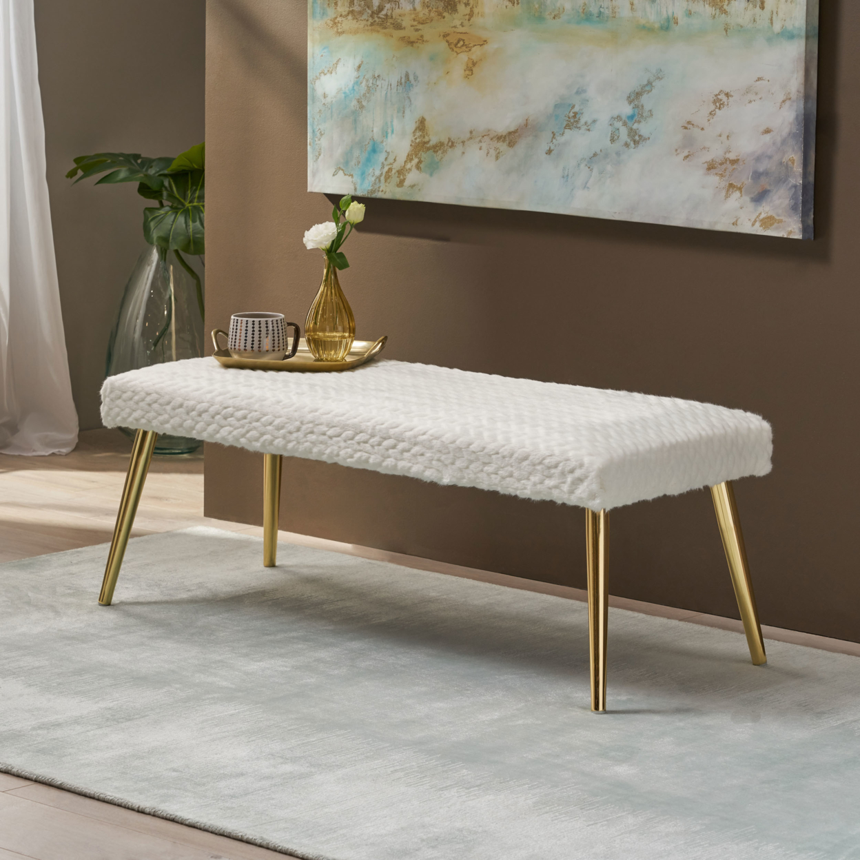 Indira Patterned Faux Fur Bench - Taupe + Gold Finish