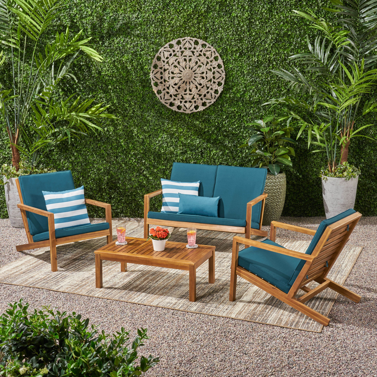 Camryn Outdoor 4 Seater Chat Set With Cushions - Brown Patina + Dark Teal