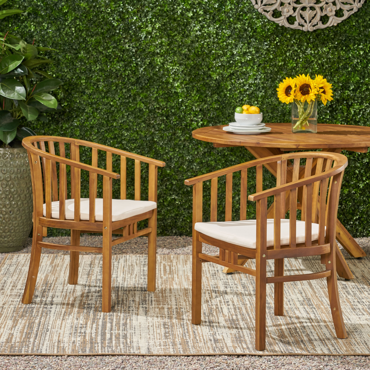Nola Outdoor Wooden Dining Chairs With Cushions (Set Of 2) - Cream + Teak Finish