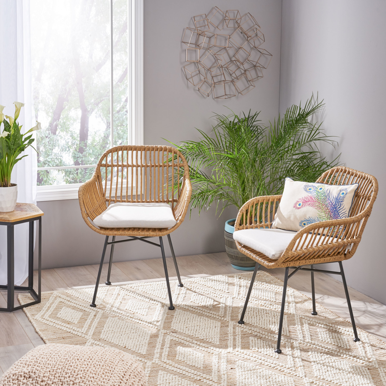Rodney Indoor Woven Faux Rattan Chairs With Cushions (Set Of 2) - Light Brown + Beige