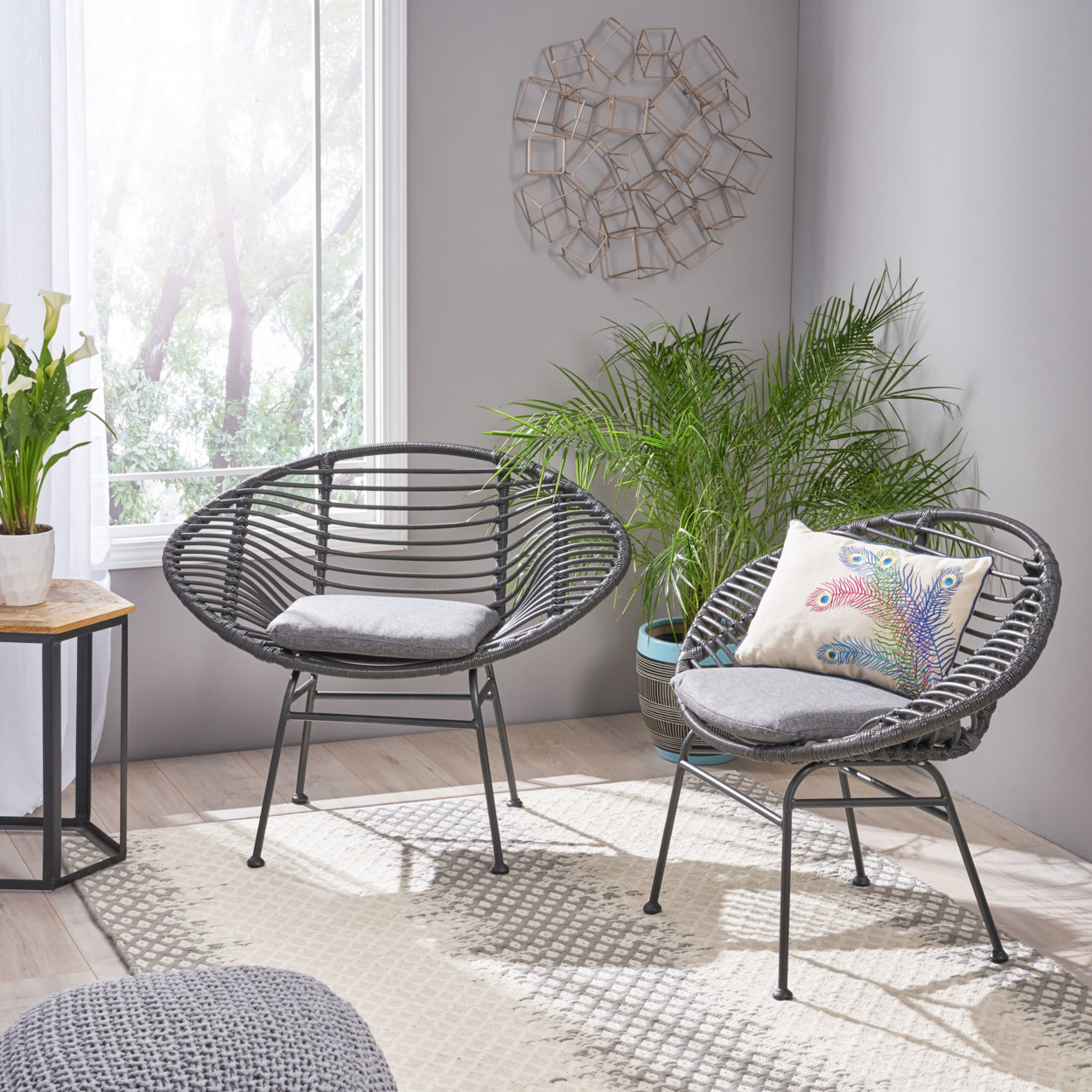 Aleah Indoor Woven Faux Rattan Chairs With Cushions (Set Of 2) - Gray + Dark Gray