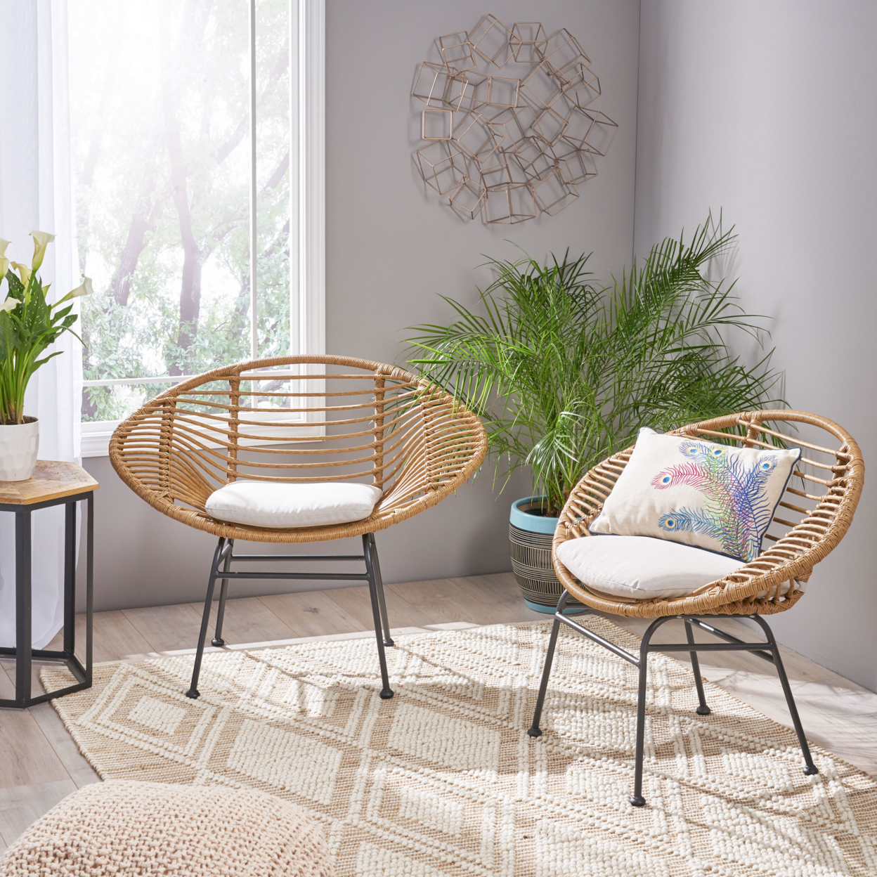 Aleah Indoor Woven Faux Rattan Chairs With Cushions (Set Of 2) - Light Brown + Beige