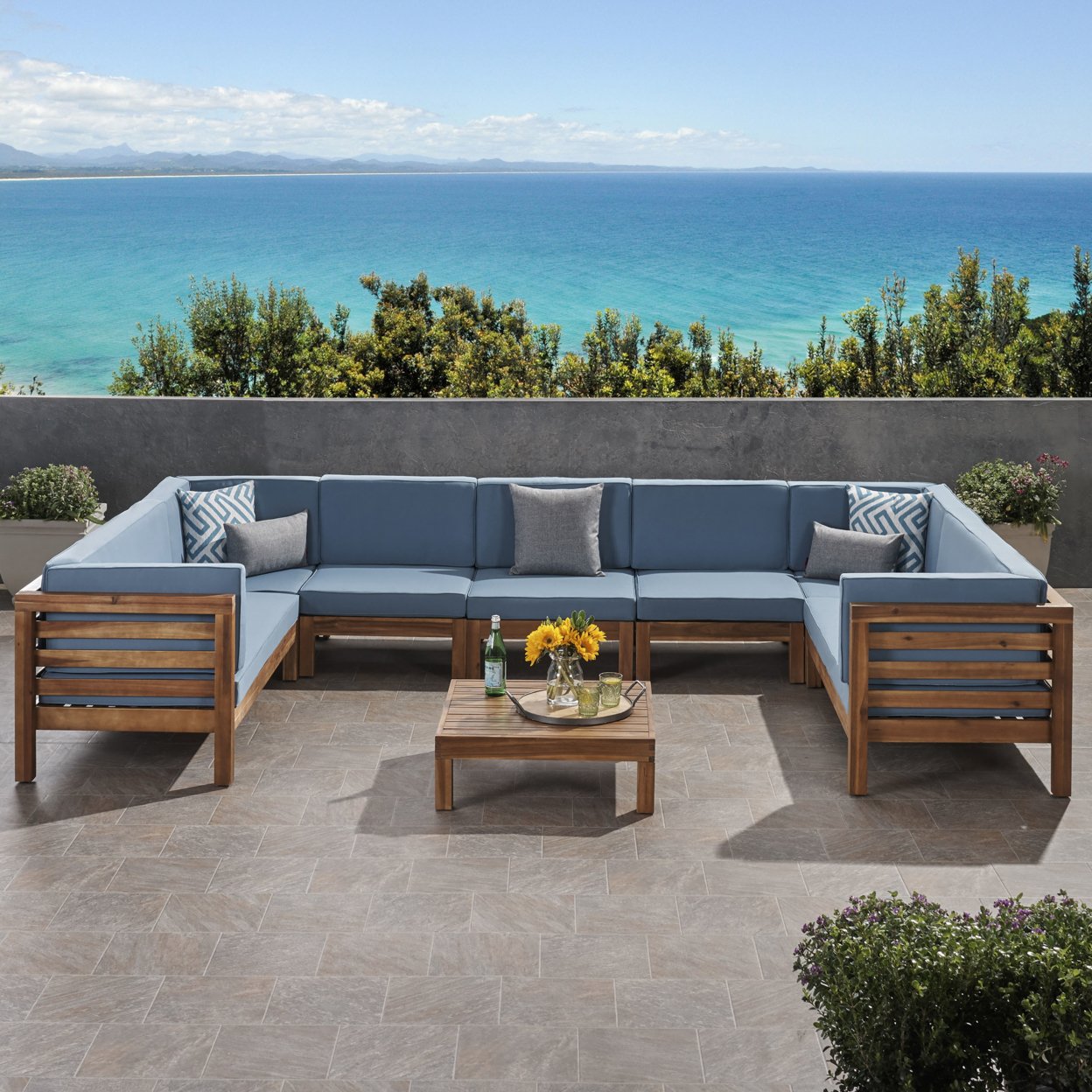 Emma Outdoor 9 Seater Acacia Wood Sectional Sofa Set - Gray Finish + Dark Gray