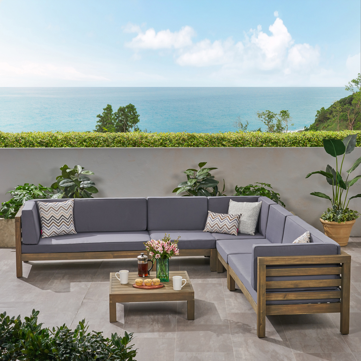 Emma Outdoor 7 Seater Acacia Wood Sectional Sofa Set - Gray Finish + Dark Gray