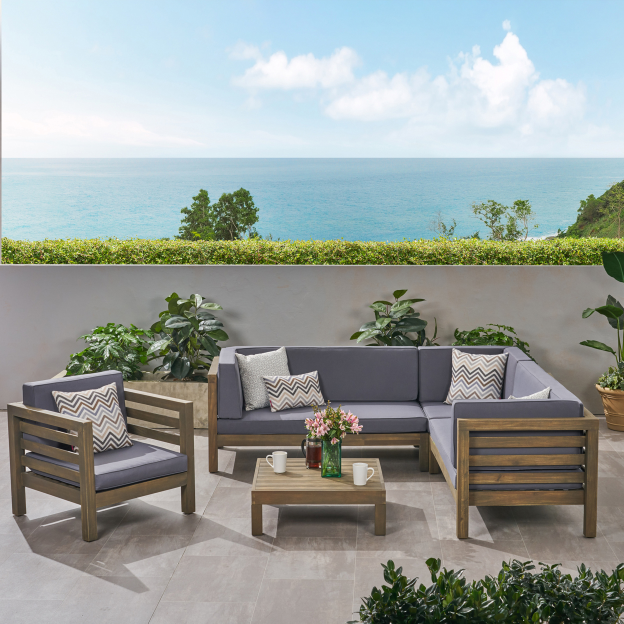 Emma Outdoor 6 Seater Acacia Wood Sectional Sofa And Club Chair Set - Gray Finish + Dark Gray