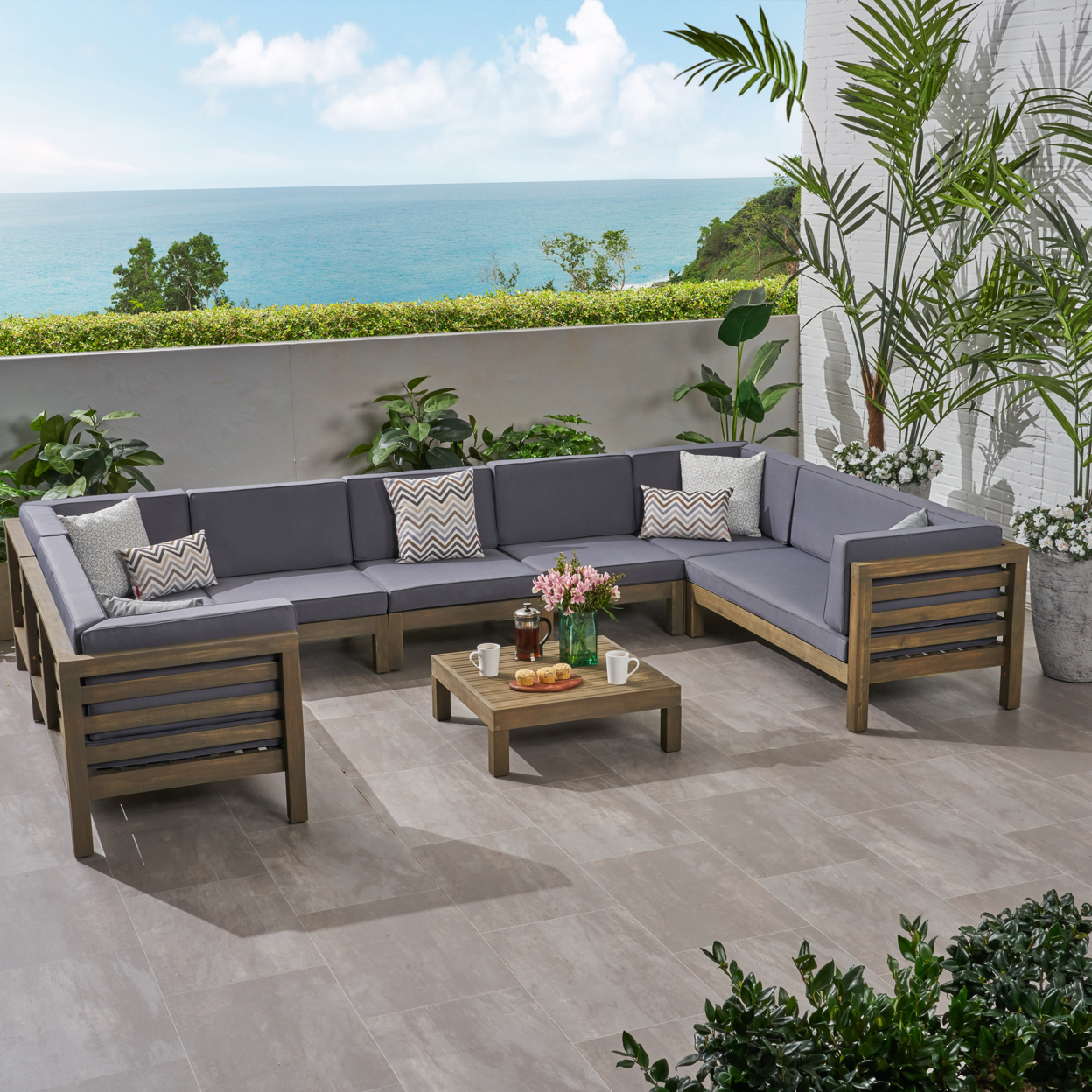 Emma Outdoor 9 Seater Acacia Wood Sectional Sofa Set - Gray Finish + Dark Gray