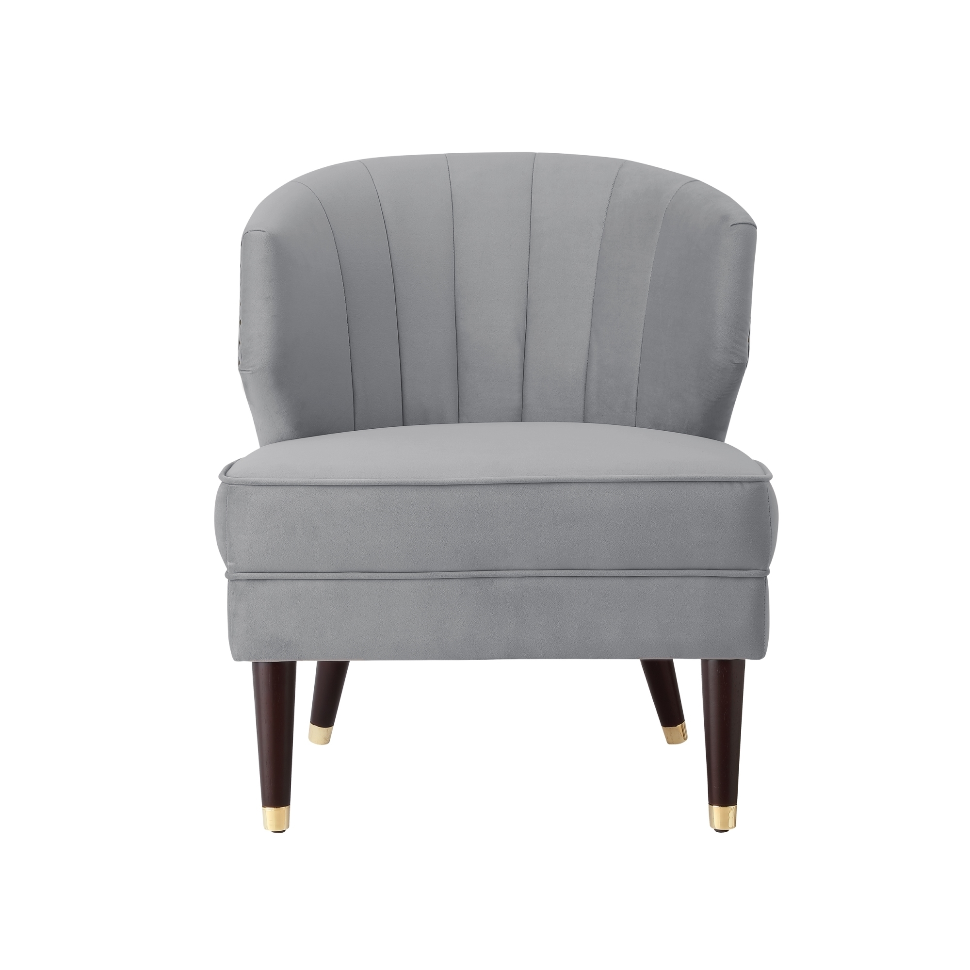Nicole Miller Trung Velvet Accent Chair-Channel Tufted Back-Cherry Legs-Gold Metal Tip -Nailheads - Grey