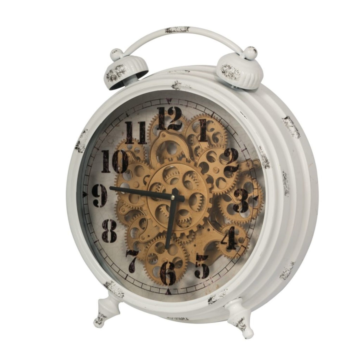 Classic Metal Table Clock With Gears Front And Distressed Details, White And Gold- Saltoro Sherpi