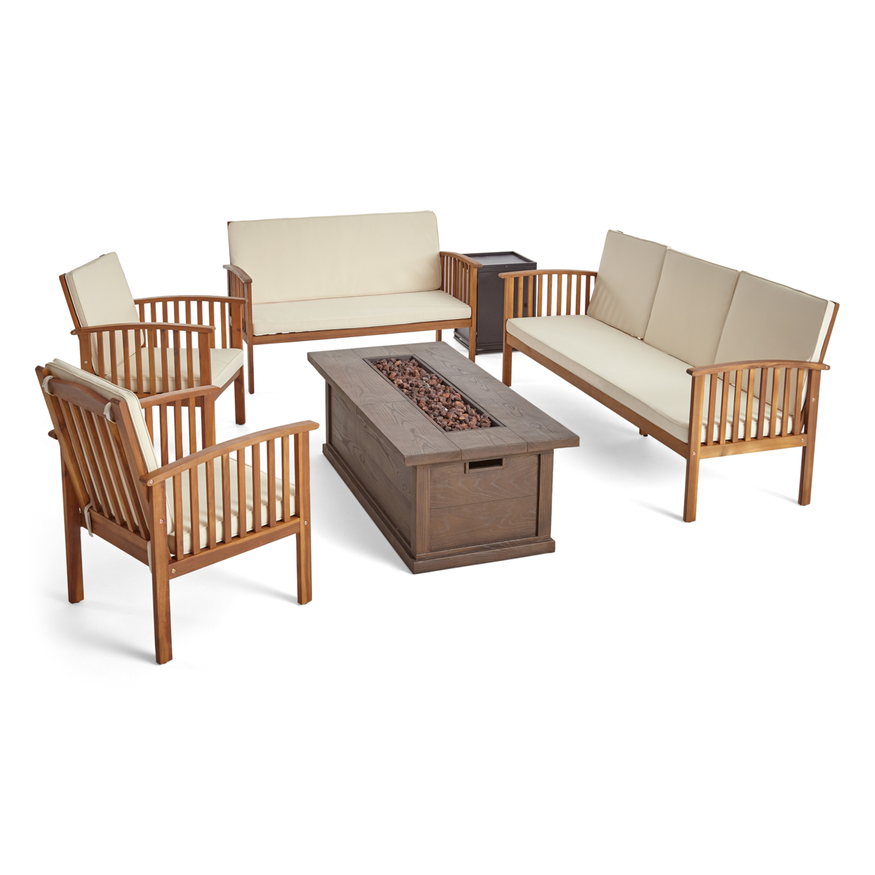 Jean Outdoor 6 Piece Acacia Wood Sofa And Loveseat Conversational Set With Fire Pit - Teak Finish + Cream + Brown