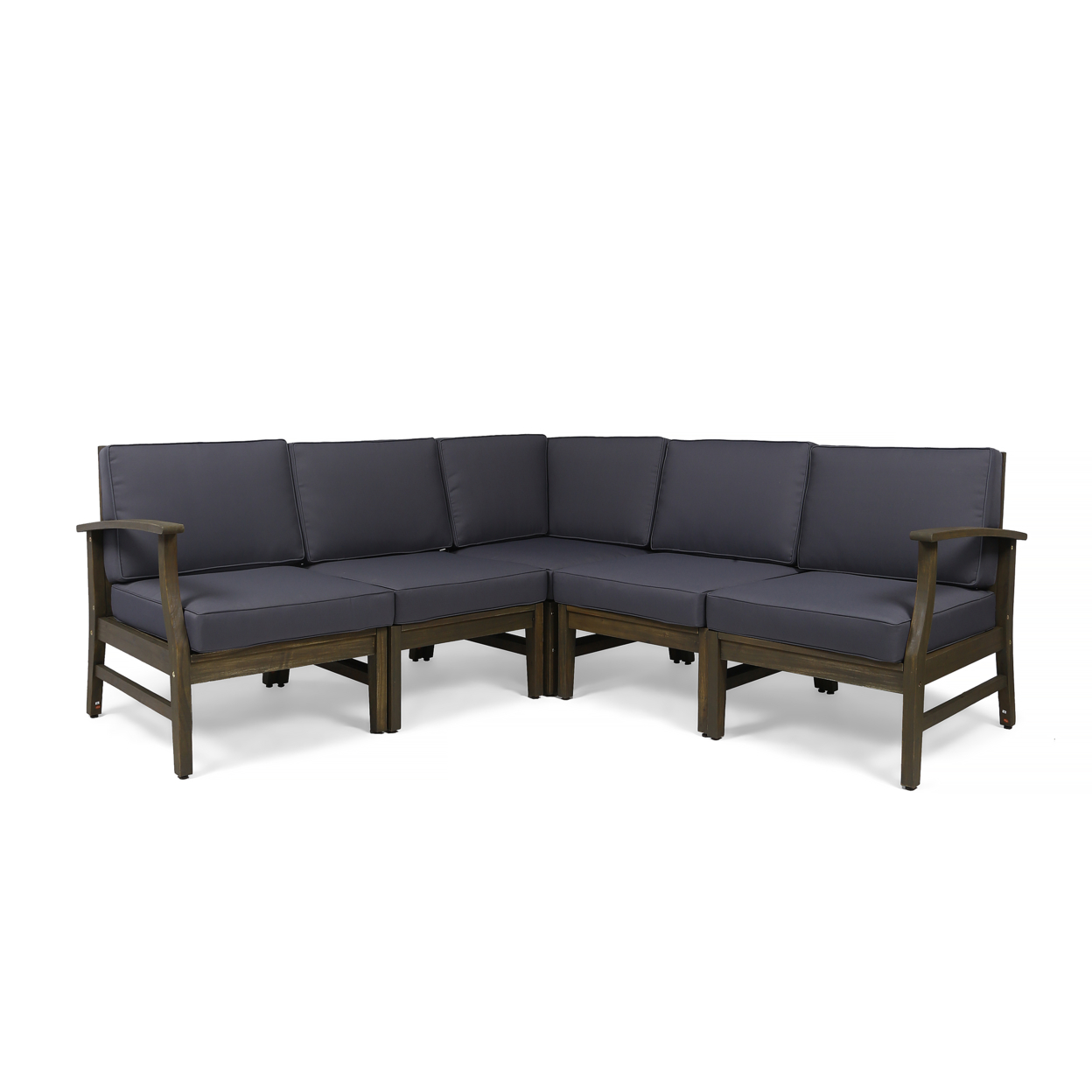 Capri Outdoor 5 Piece Acacia Wood Sectional Sofa Set - Gray Finish + Dark Gray