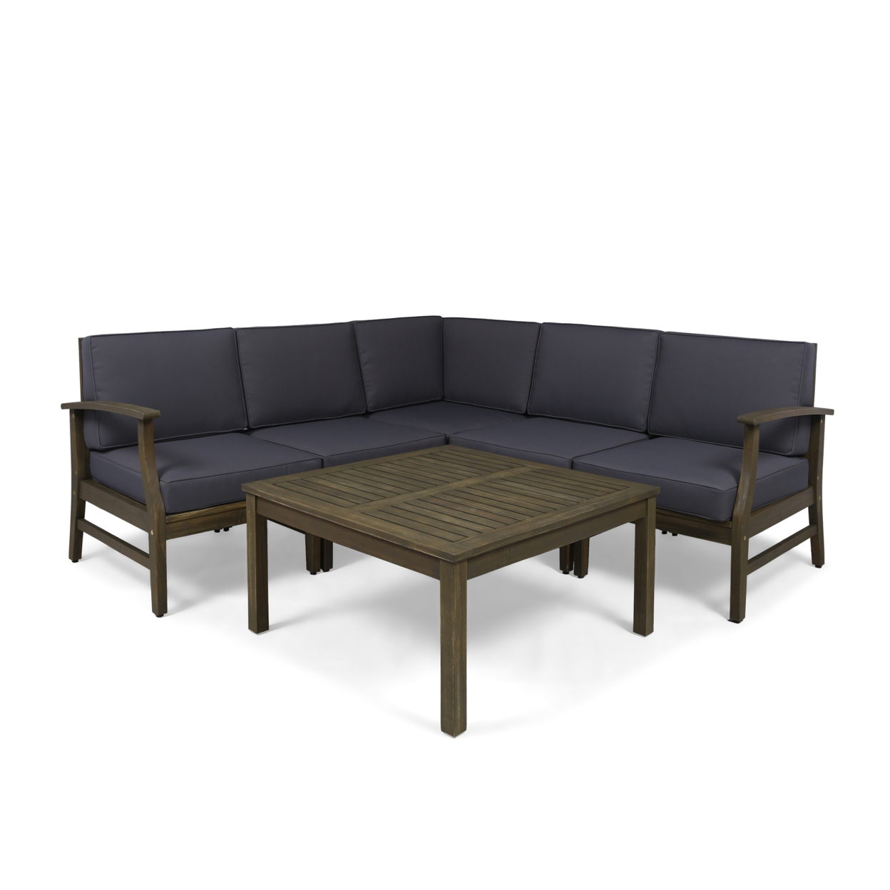 Martina Outdoor 6 Piece Acacia Wood Sectional Sofa And Coffee Table Set - Gray Finish + Dark Gray