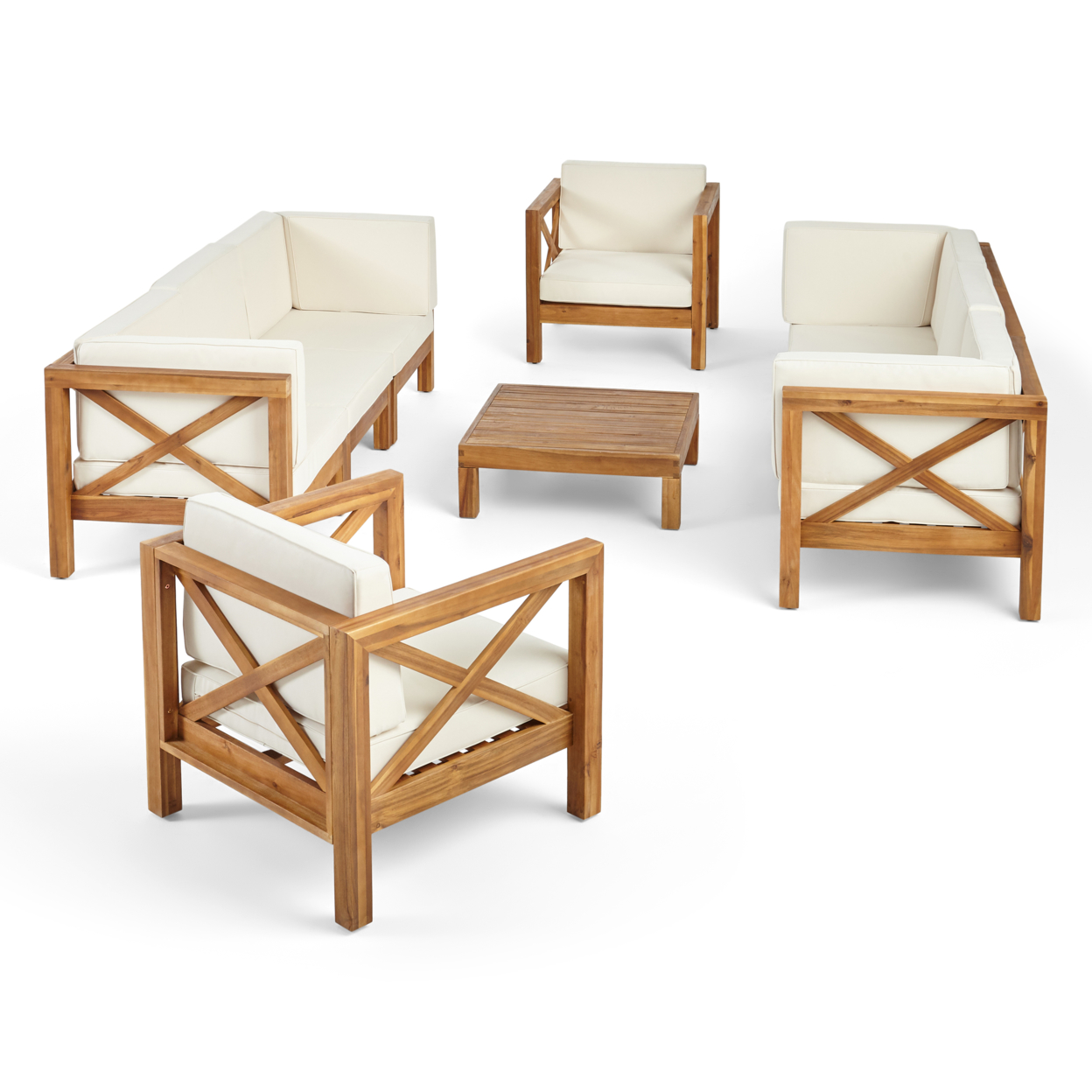 Morgan Outdoor 8 Seater Acacia Wood Sofa And Club Chair Set - Teak Finish + Beige