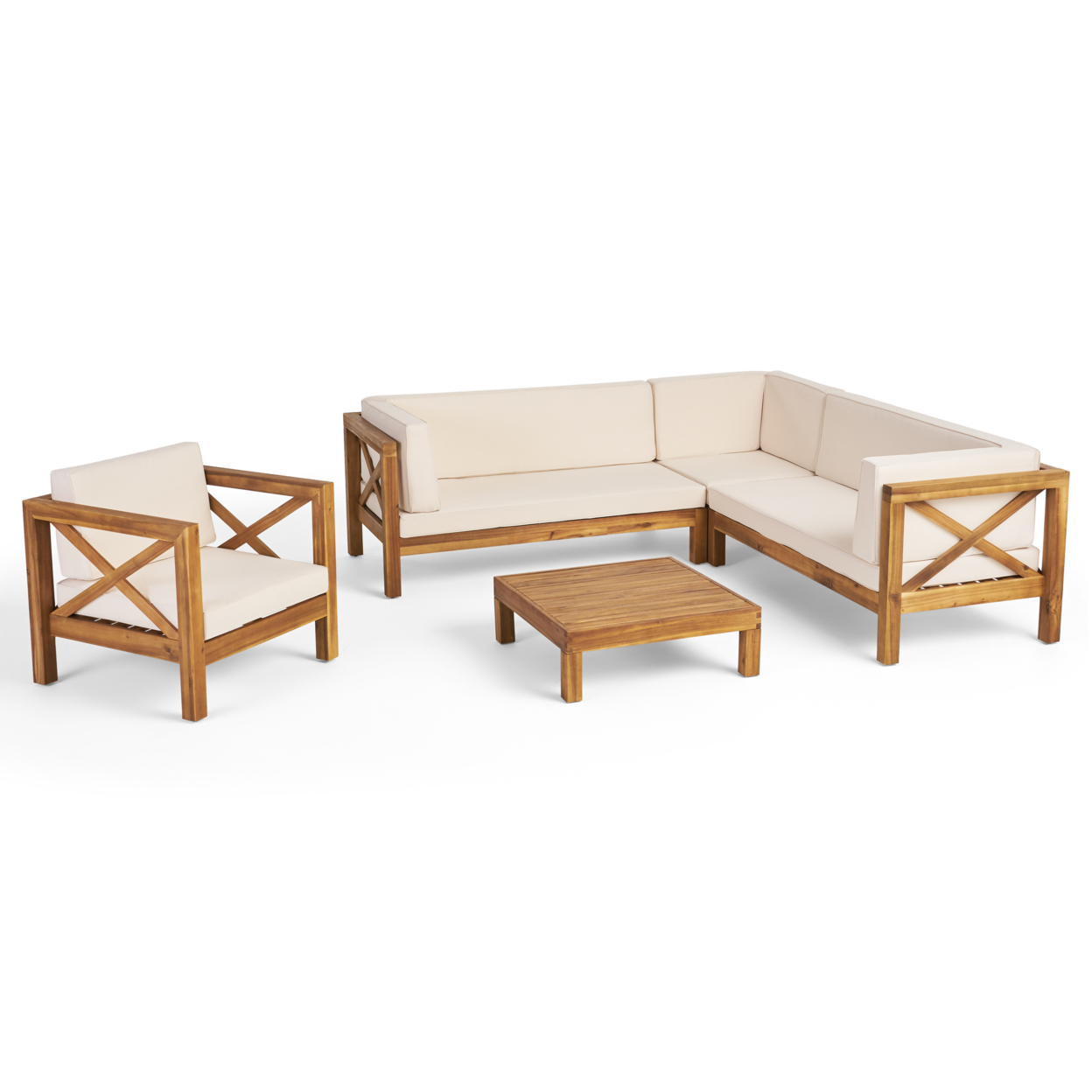 Morgan Outdoor 6 Seater Acacia Wood Sectional Sofa And Club Chair Set - Teak Finish + Beige