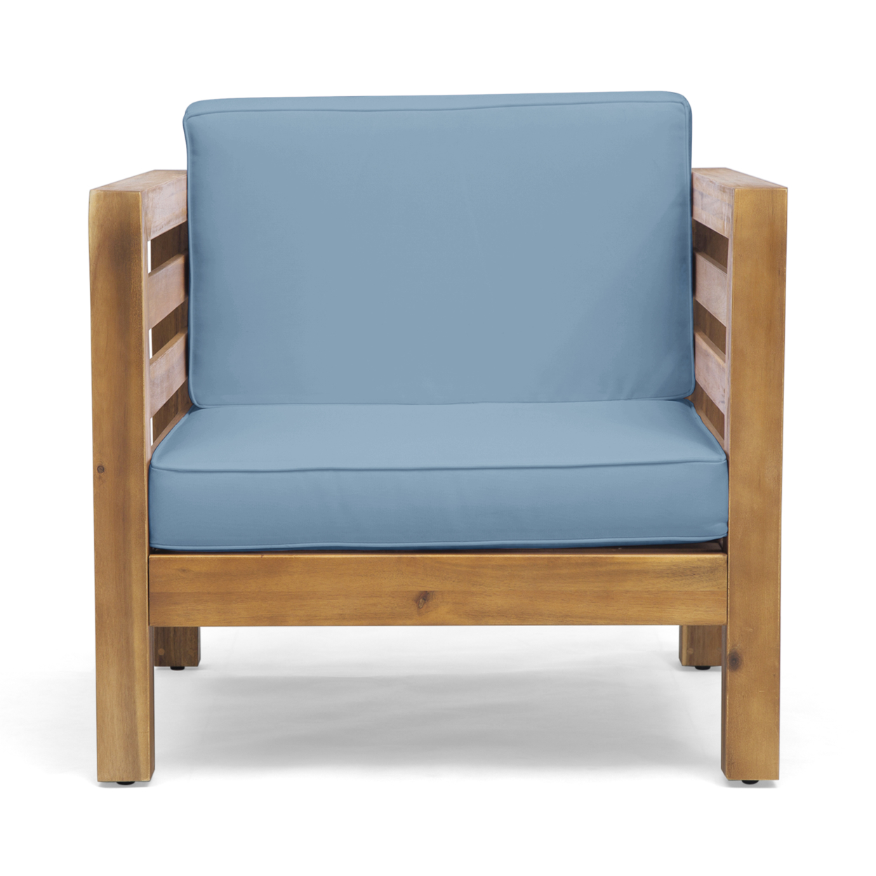 Louise Outdoor Acacia Wood Club Chair With Cushion - Teak Finish + Blue
