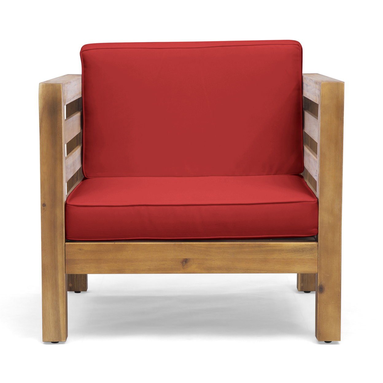 Louise Outdoor Acacia Wood Club Chair With Cushion - Teak Finish + Red