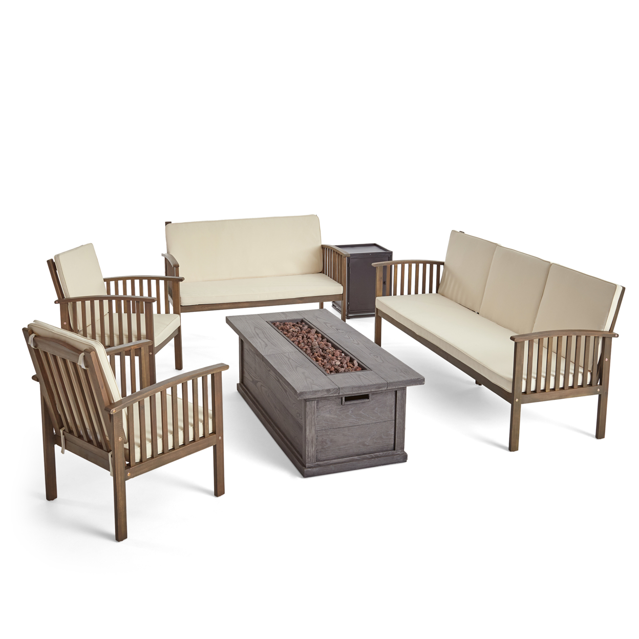 Jean Outdoor 6 Piece Acacia Wood Sofa And Loveseat Conversational Set With Fire Pit - Gray Finish + Cream + Gray