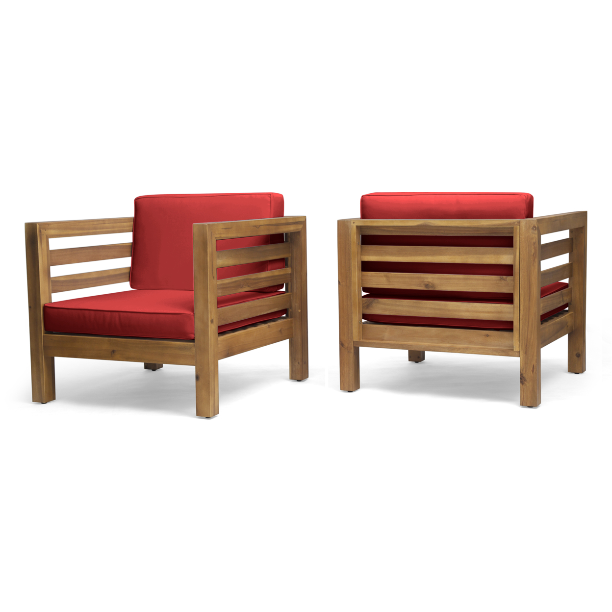 Louise Outdoor Acacia Wood Club Chairs With Cushions (Set Of 2) - Teak Finish + Red