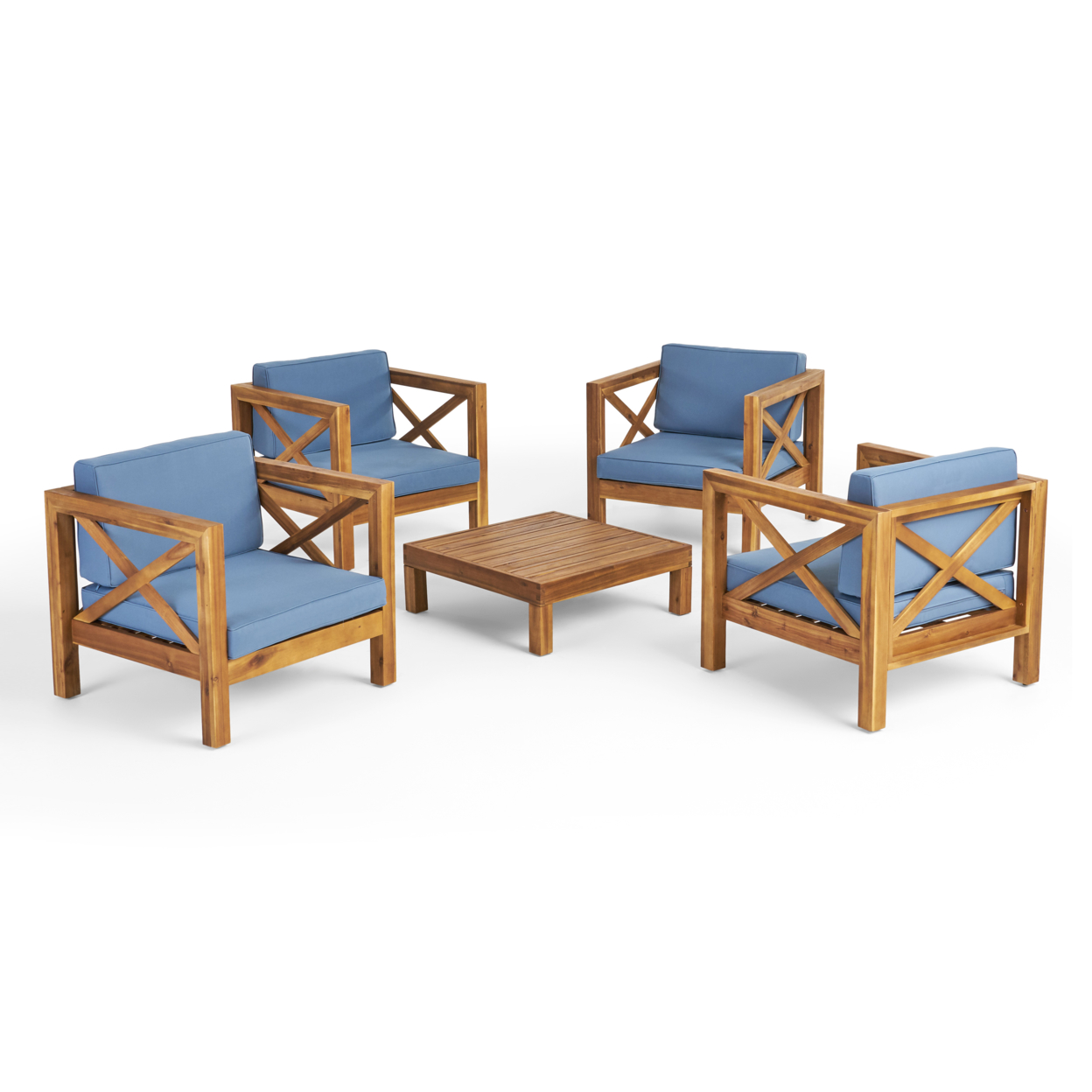 Morgan Outdoor 4 Seater Acacia Wood Club Chair And Coffee Table Set - Teak Finish + Red