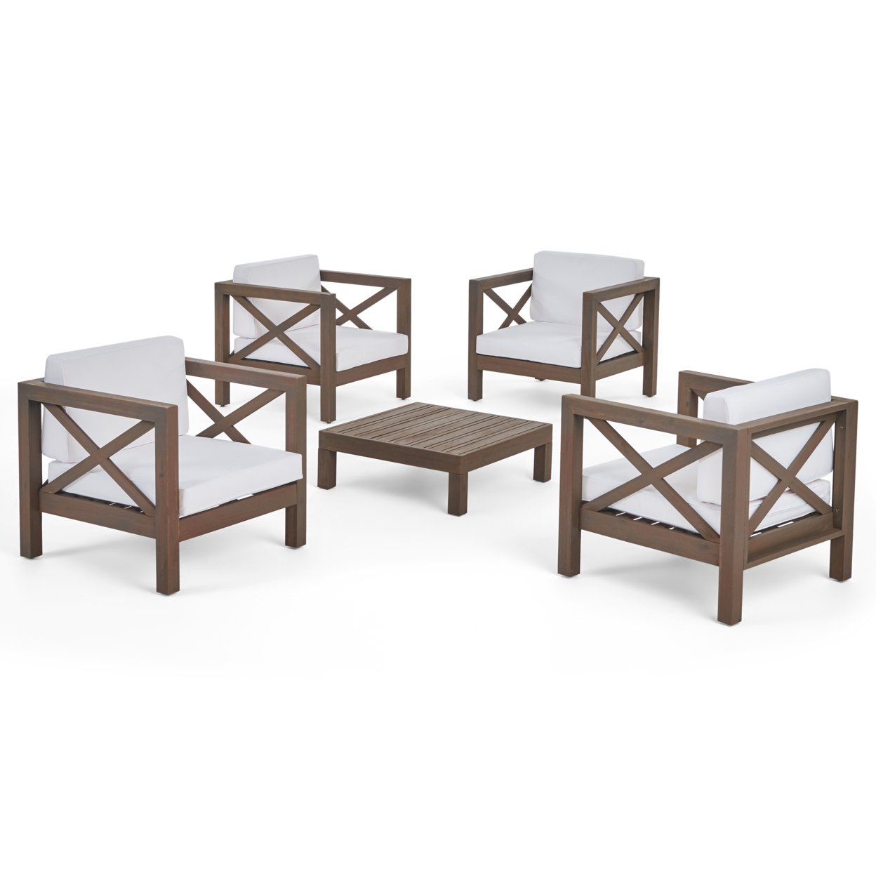 Morgan Outdoor 4 Seater Acacia Wood Club Chair and Coffee Table Set - gray finish + white