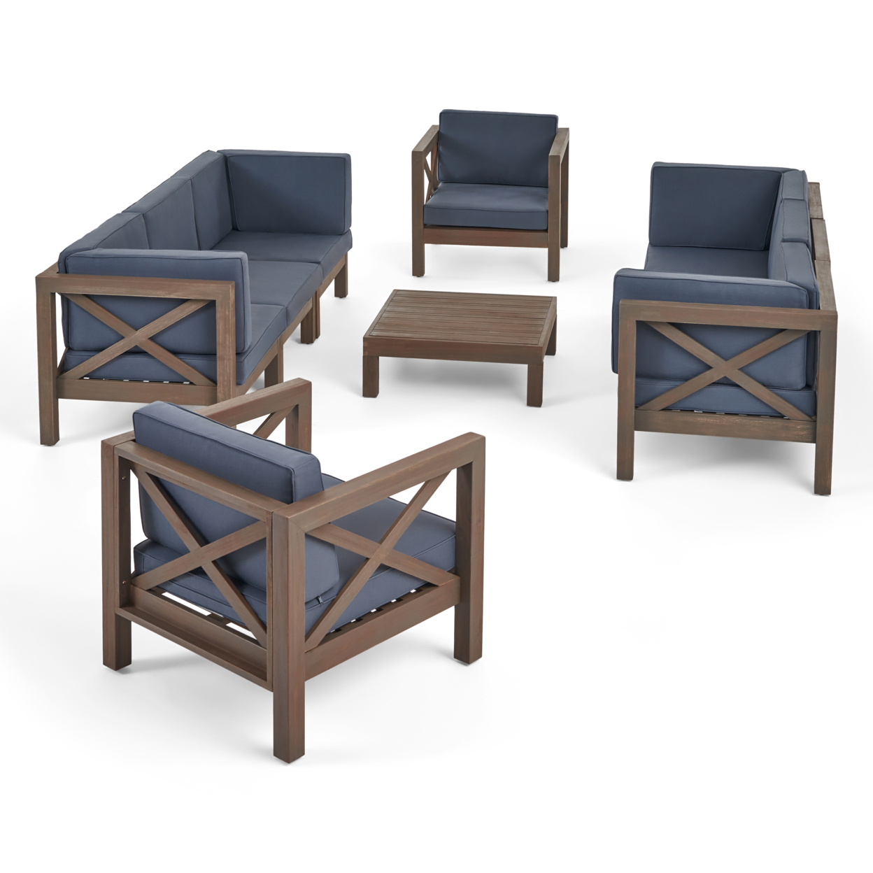 Morgan Outdoor 8 Seater Acacia Wood Sofa And Club Chair Set - Teak Finish + Blue