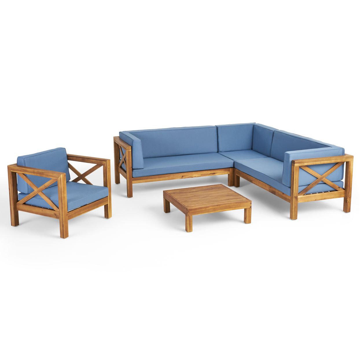 Morgan Outdoor 6 Seater Acacia Wood Sectional Sofa And Club Chair Set - Teak Finish + Red