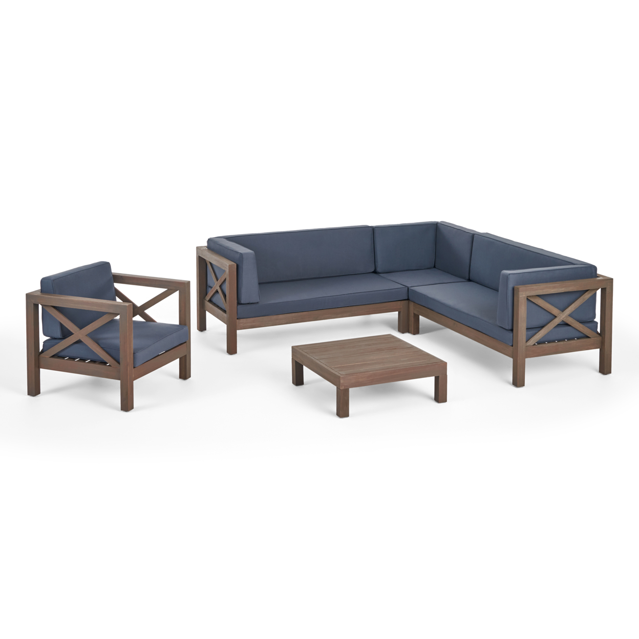 Morgan Outdoor 6 Seater Acacia Wood Sectional Sofa And Club Chair Set - Teak Finish + Beige