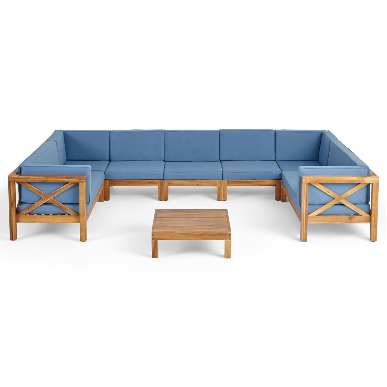 Isabella Outdoor 9 Seater Acacia Wood Sectional Sofa Set - Teak Finish + Blue