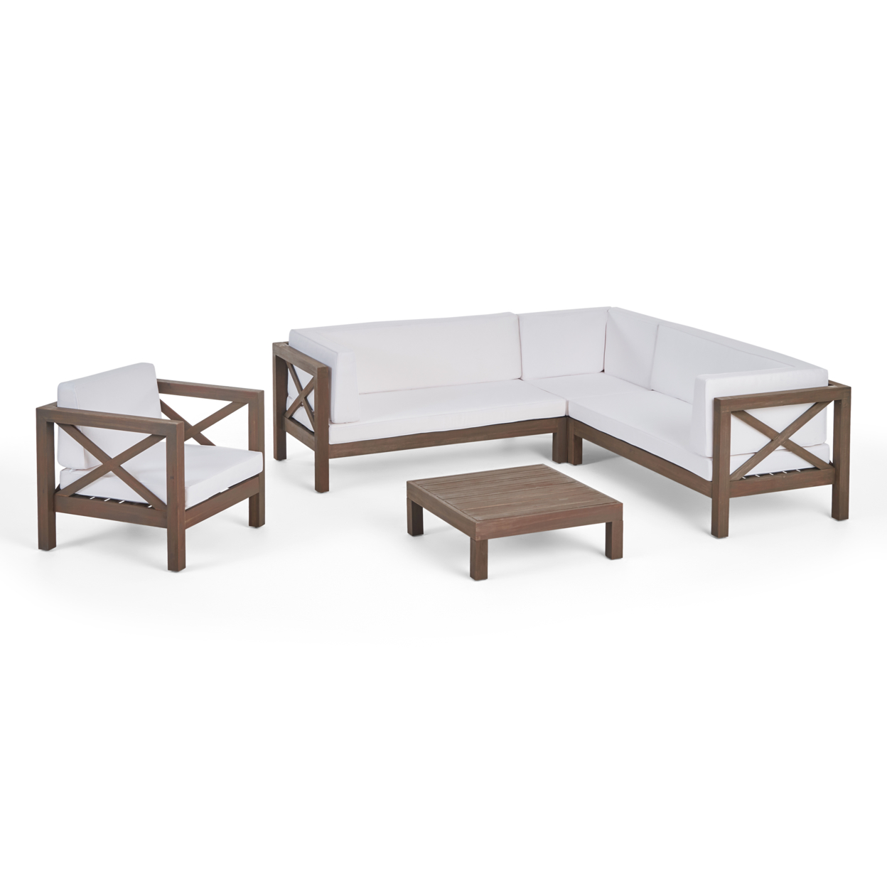 Morgan Outdoor 6 Seater Acacia Wood Sectional Sofa And Club Chair Set - Gray Finish + White