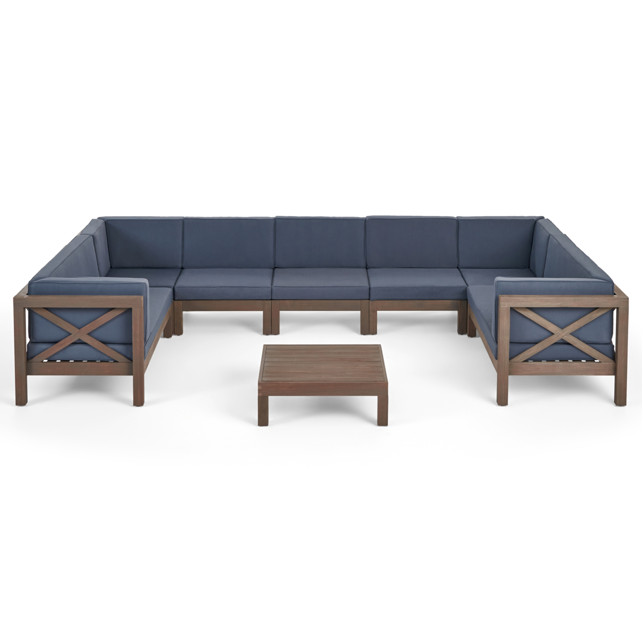 Isabella Outdoor 9 Seater Acacia Wood Sectional Sofa Set - Teak Finish + Blue