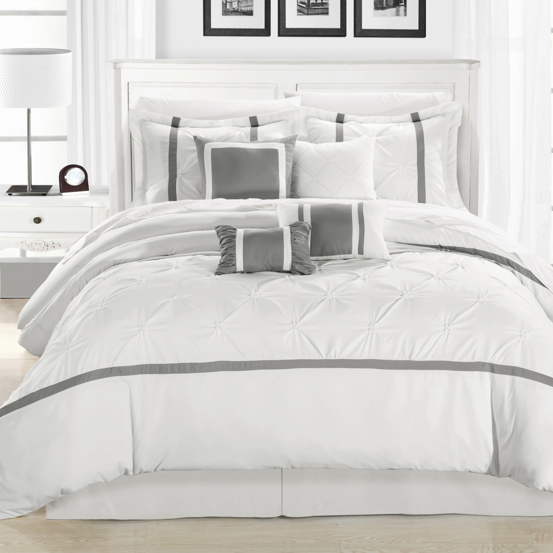 Kearney 12 Piece Comforter Set Pinch Pleated Embroidered Bed In A Bag Bedding - White/silver, Queen