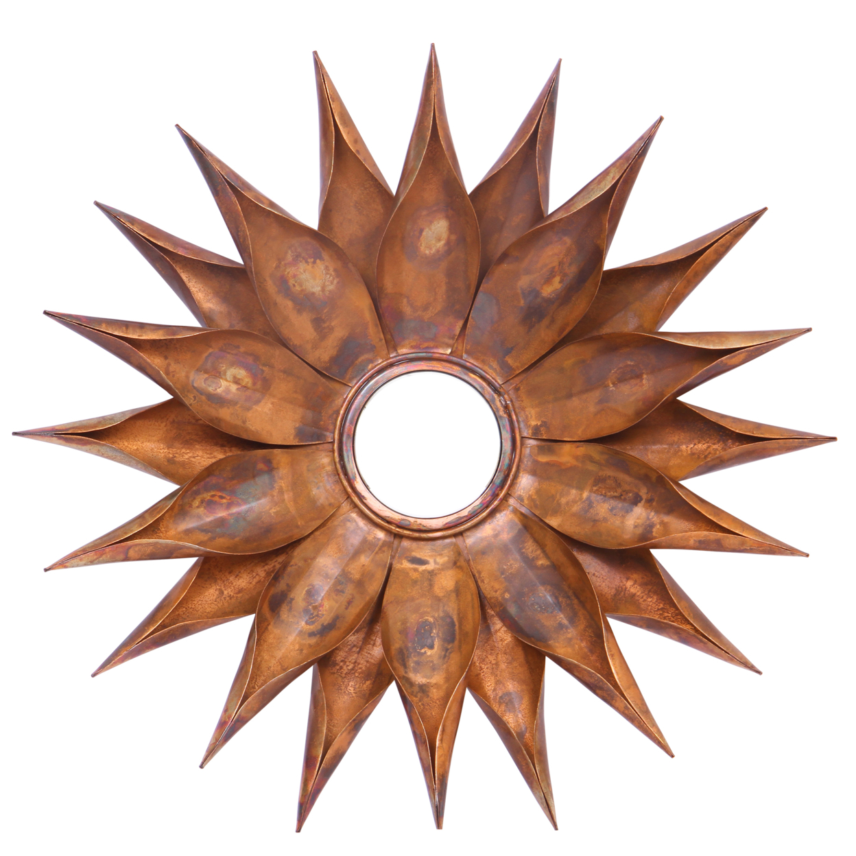 Sunburst Shaped Design Iron Wall D???cor With Round Concave Mirror , Copper- Saltoro Sherpi