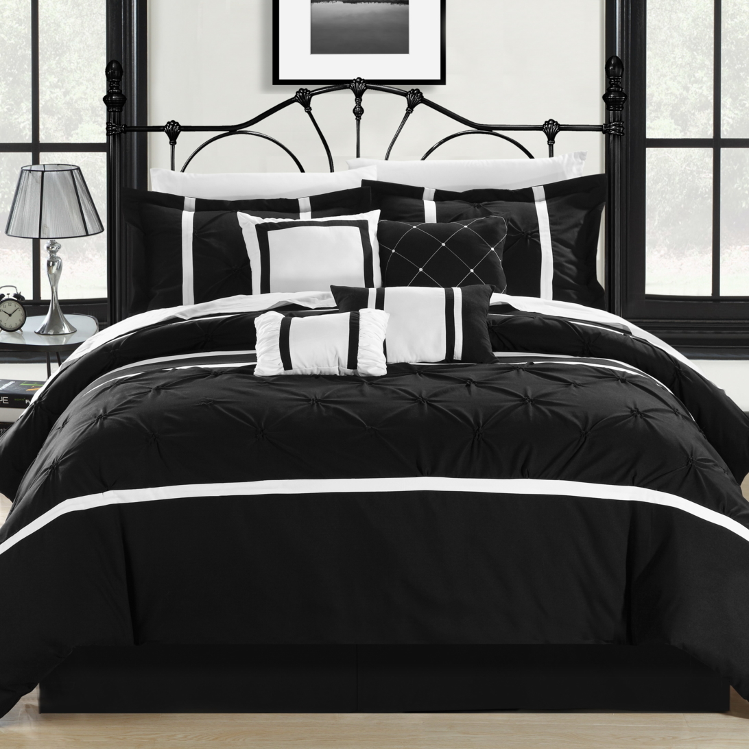 Kearney 12 Piece Comforter Set Pinch Pleated Embroidered Bed In A Bag Bedding - Black/white, King