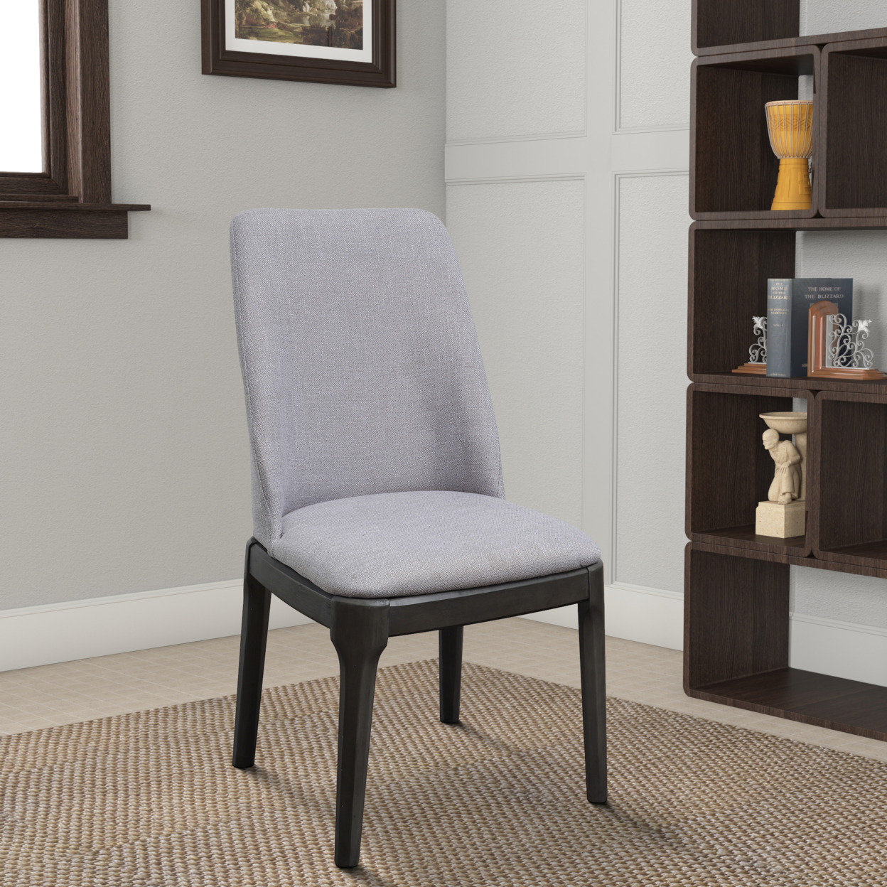 Linen Upholstered Wooden Side Chair With Curved Backrest And Block Legs, Set Of 2, Gray- Saltoro Sherpi