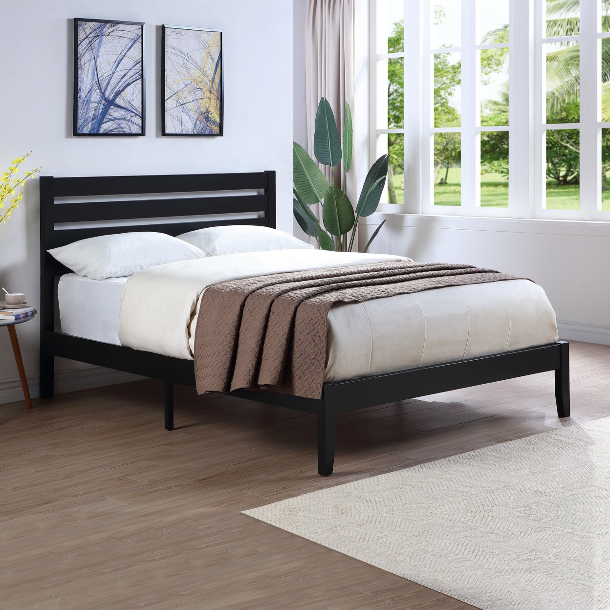 Kenley Queen Size Bed With Headboard - Black Finish + Natural